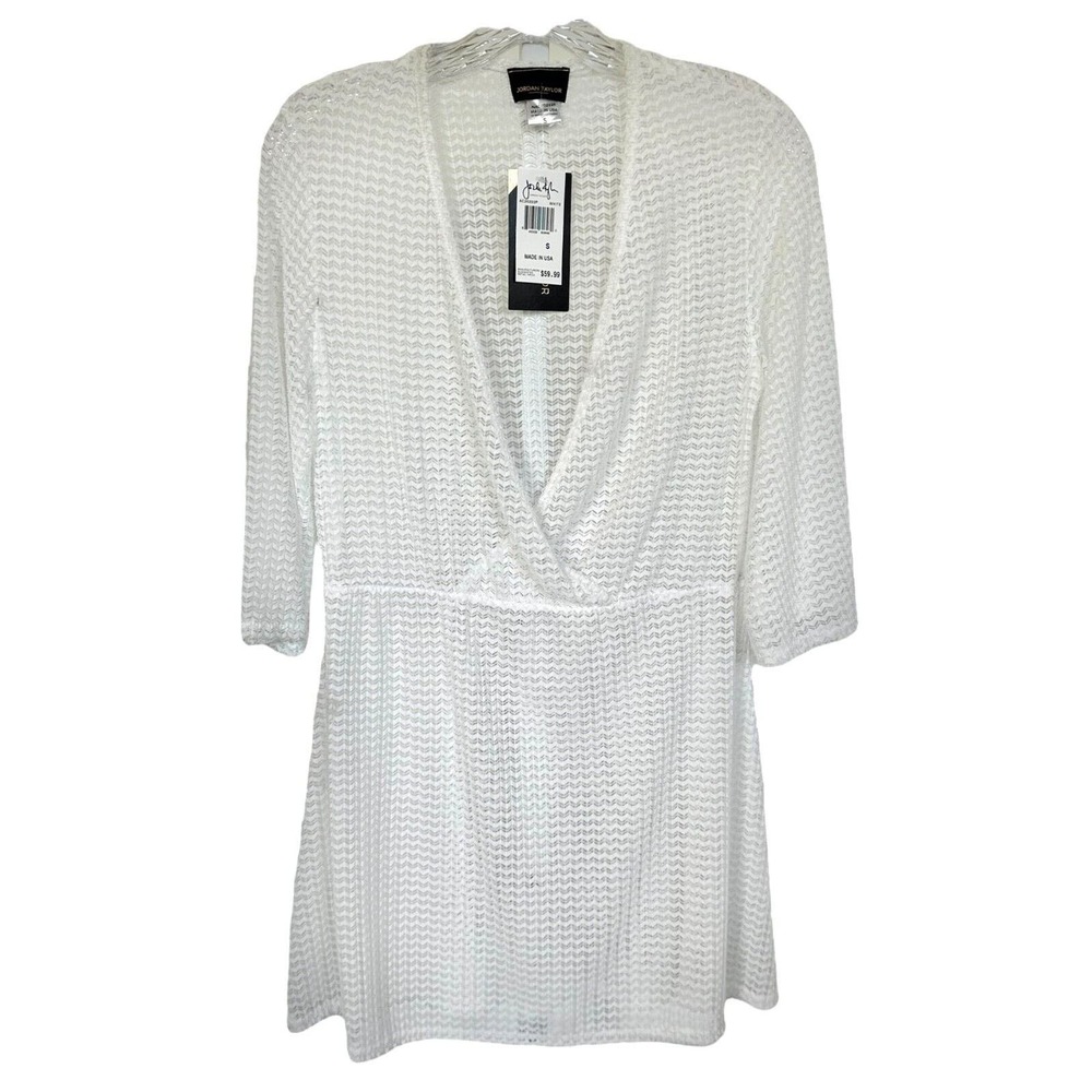 Jordan Taylor Women's Chevron Beach Cover-Up Dress V-Neck Half Sleeve Sz S White